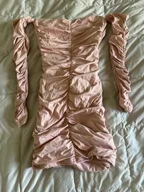 Ruched Off-Shoulder Mini Dress in Blush Pink